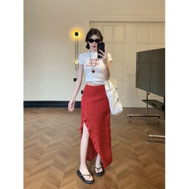 Beach Vacation Style For Women Lter Print Regular Shoulder Short Sleeve T-Shirt Summer Red Polka Dot Skirt Two-Piece_ecoleips.com