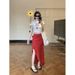 Beach Vacation Style For Women Lter Print Regular Shoulder Short Sleeve T-Shirt Summer Red Polka Dot Skirt Two-Piece_ecoleips.com