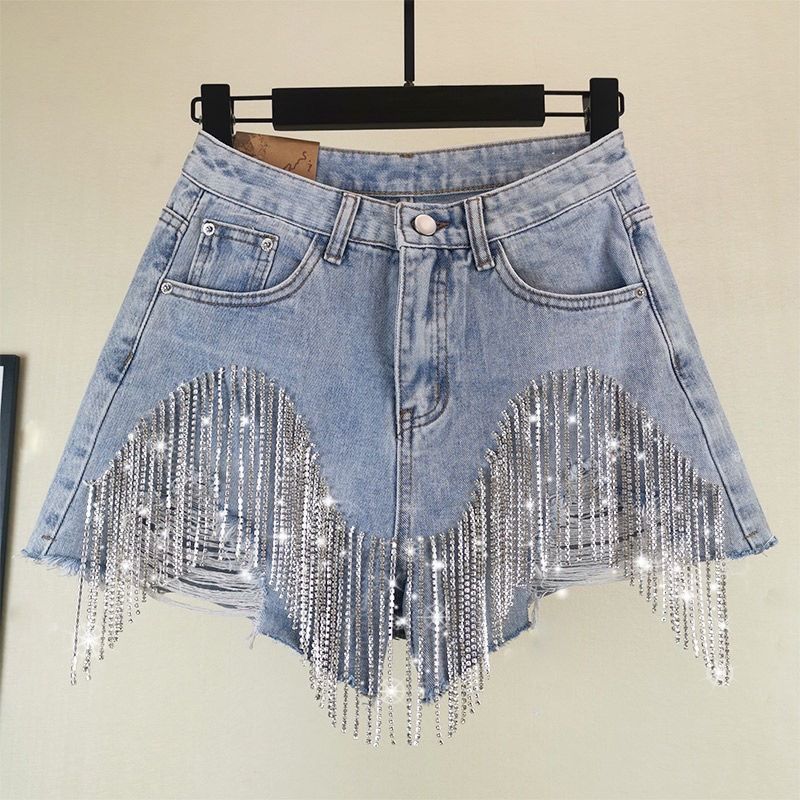 Women's Clothing Fashion Women's Shorts Ripped Tassel Chain Sexy Denim Shorts Women_ecoleips.com