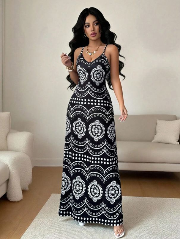 Slim Fit V Neck Long Dress Style Printed Suspender Fashion Relaxed Everyday Wear Comfortable Feshion_ecoleips.com