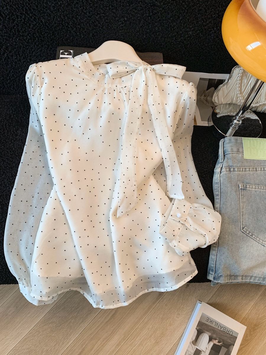 Women's Clothing Sweet Polka Dot Chiffon Blouse For Women Long Sleeves Bow Tie Side Tie Layered Top New Spring Style_ecoleips.com