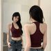 Women's Summer Red Sleeveless Halter With Chest Pads, Drawstring, Slim Fit, Irregular Short Top_ecoleips.com