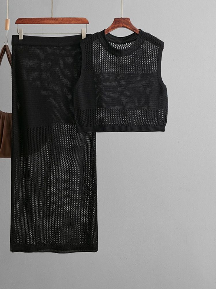 K Slimming Hollow Sleeveless Vest Set, New Knitted Slit Half Skirt Two-piece Set_ecoleips.com