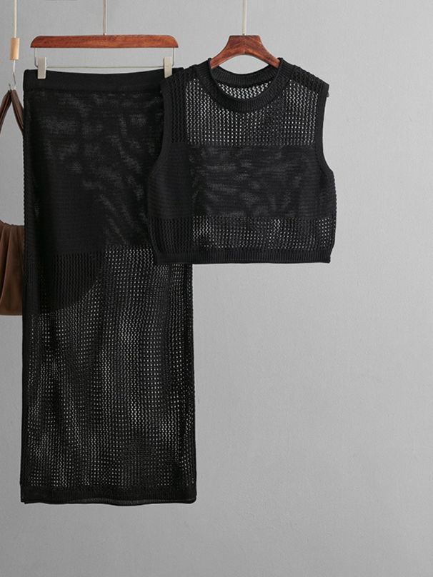K Slimming Hollow Sleeveless Vest Set, New Knitted Slit Half Skirt Two-piece Set_ecoleips.com