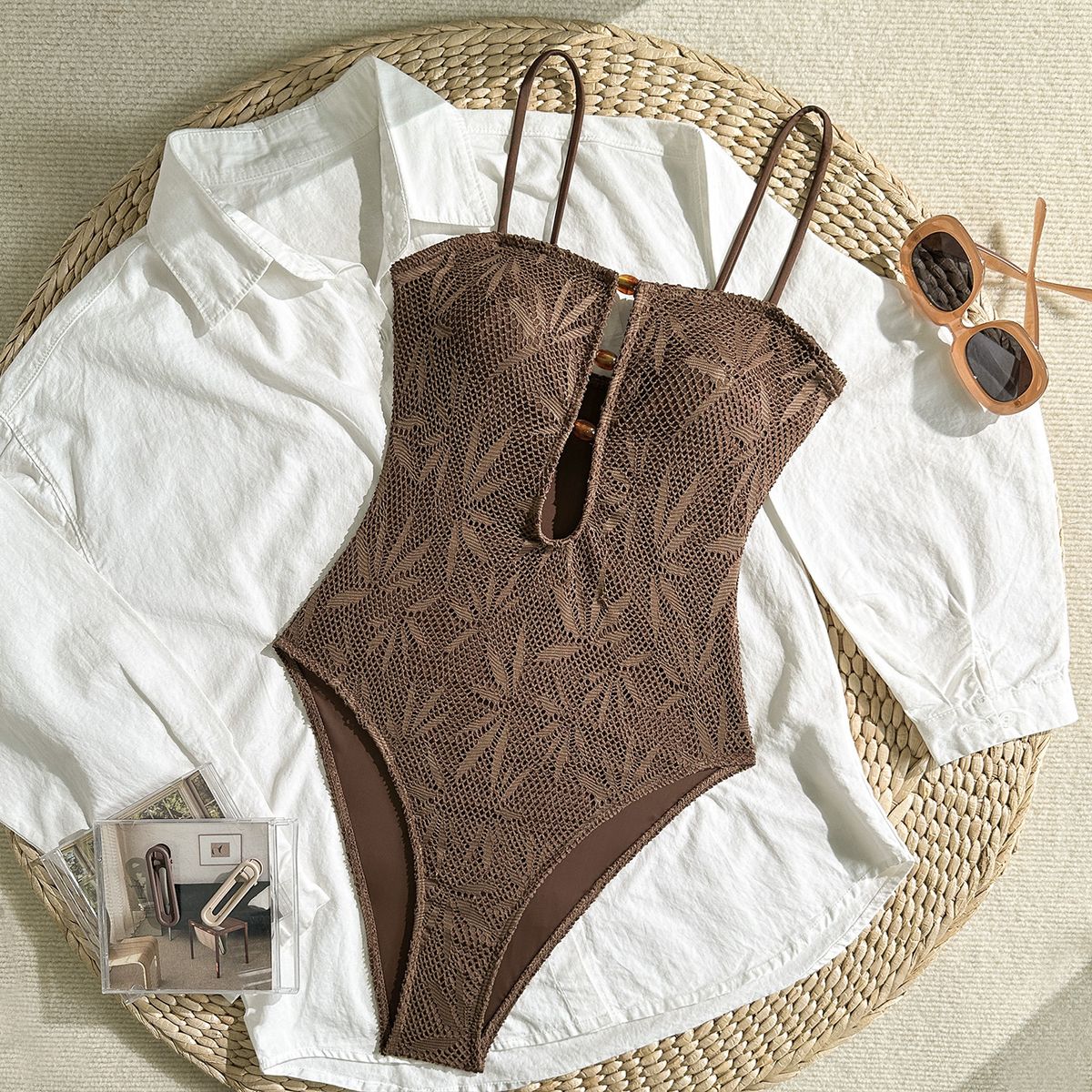 Women's Solid Color One-Piece Swimsuit - Sexy High-Cut Monokini With Floral Embroidery For Beach & Pool_ecoleips.com