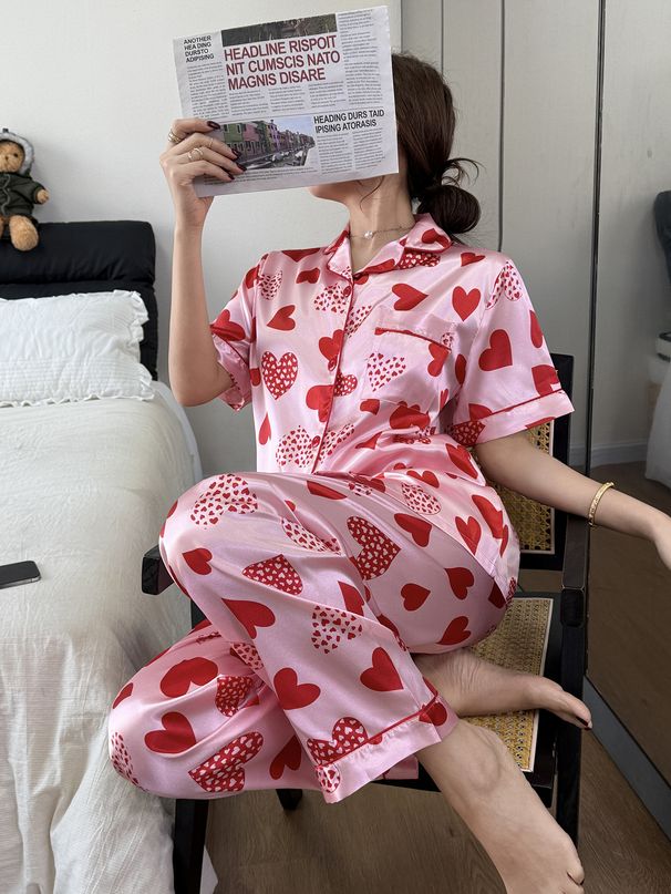Women's Lapel Collar Pajama Set, Short Sleeve Cardigan & Long Pants With All-Over Heart Print, Soft Fashion Loungewear Sleepwear_ecoleips.com