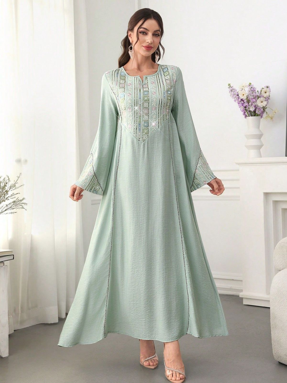Luxury Embroidered Jalabiya Dress – Heavy Sequined Kaftan With Belt For Elegant Middle Eastern Occasions (Pink/Green, M-XL)_ecoleips.com