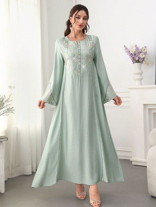 Luxury Embroidered Jalabiya Dress – Heavy Sequined Kaftan With Belt For Elegant Middle Eastern Occasions (Pink/Green, M-XL)_ecoleips.com