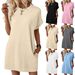 2025 Women's Spring/Summer New Solid Color Round Neck Loose Short Sleeve Pocket Dress_ecoleips.com