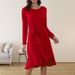 Women's Elegant Solid Color Long Sleeve Dress Slim Fit Crew Neck Mid Waist Belted Daily Evening Dresses_ecoleips.com