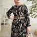 Elegant Muslim Abaya Dress With Belt Long Sleeve Flowy Maxi Dress For Women, Modest Islamic Fashion, Breathable Polyester, Print Design (Black, S-XXL)_ecoleips.com