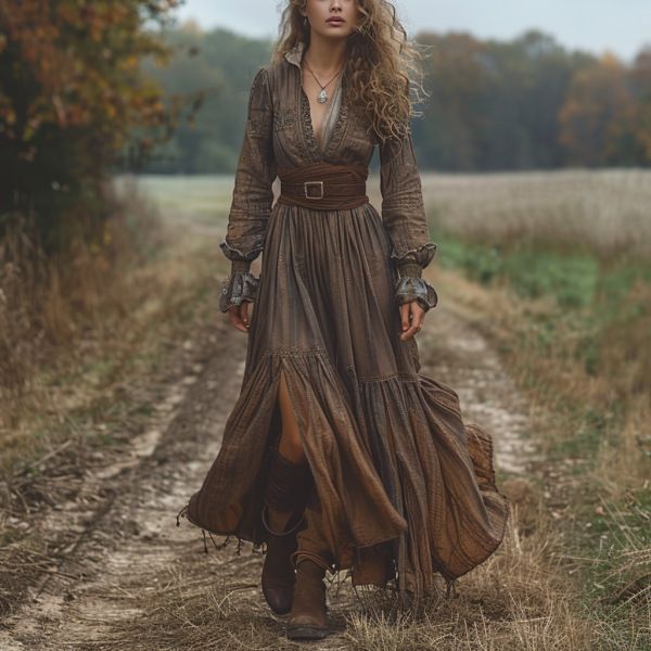 Elegant Long Sleeve Long Skirt Vintage V-Neck Pastoral Dress Women's Clothing_ecoleips.com