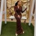 Elegant V-Neck Bodycon Dress For Women - Long Sleeve Pleated Slim Fit Dress, Solid Color Streetwear, European & American Style_ecoleips.com