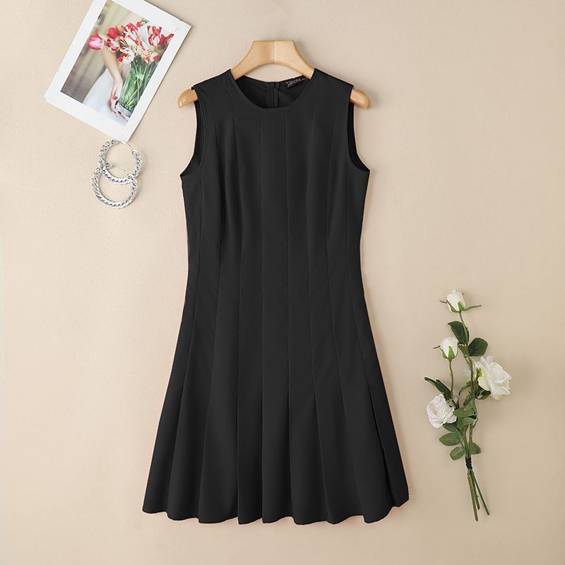 ZANZEA Womens Elegant Pleated Hem Mini Dresses Fashion O-Neck Sleeveless Fitted Waist Robes Femme OL Commuting Solid Vestidos_ecoleips.com