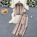 Sophisticated Two Piece Set With Color Block Metal Buckle Collar Long Sleeved Knit Top And High-Waisted Wide-Leg Straight-Leg Pants_ecoleips.com