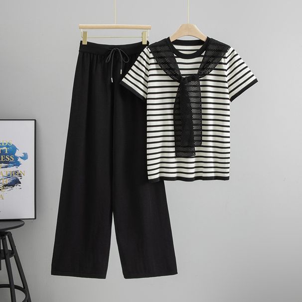 Women's Clothing Temperament Leisure Sports Knitted Suit Loose Lace Short Sleeved Striped Top Wide Leg Pants Two Piece Suit_ecoleips.com