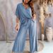 Cross Border European And American 2025 V Neck Bat Sleeve Casual Loose Wide Leg Pants Suit For Women_ecoleips.com