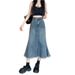Distressed Denim Mermaid Skirt Women's High Waist A-Line Flared Hem Mid-Length Wrap Skirt For Casual & Office Wear_ecoleips.com
