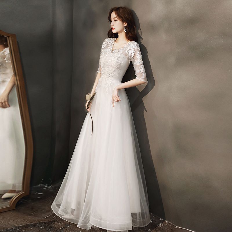 Women's Clothing Women's Elegant Long Evening Dress White High Quality Autumn Spring Style Annual Meeting Dress_ecoleips.com