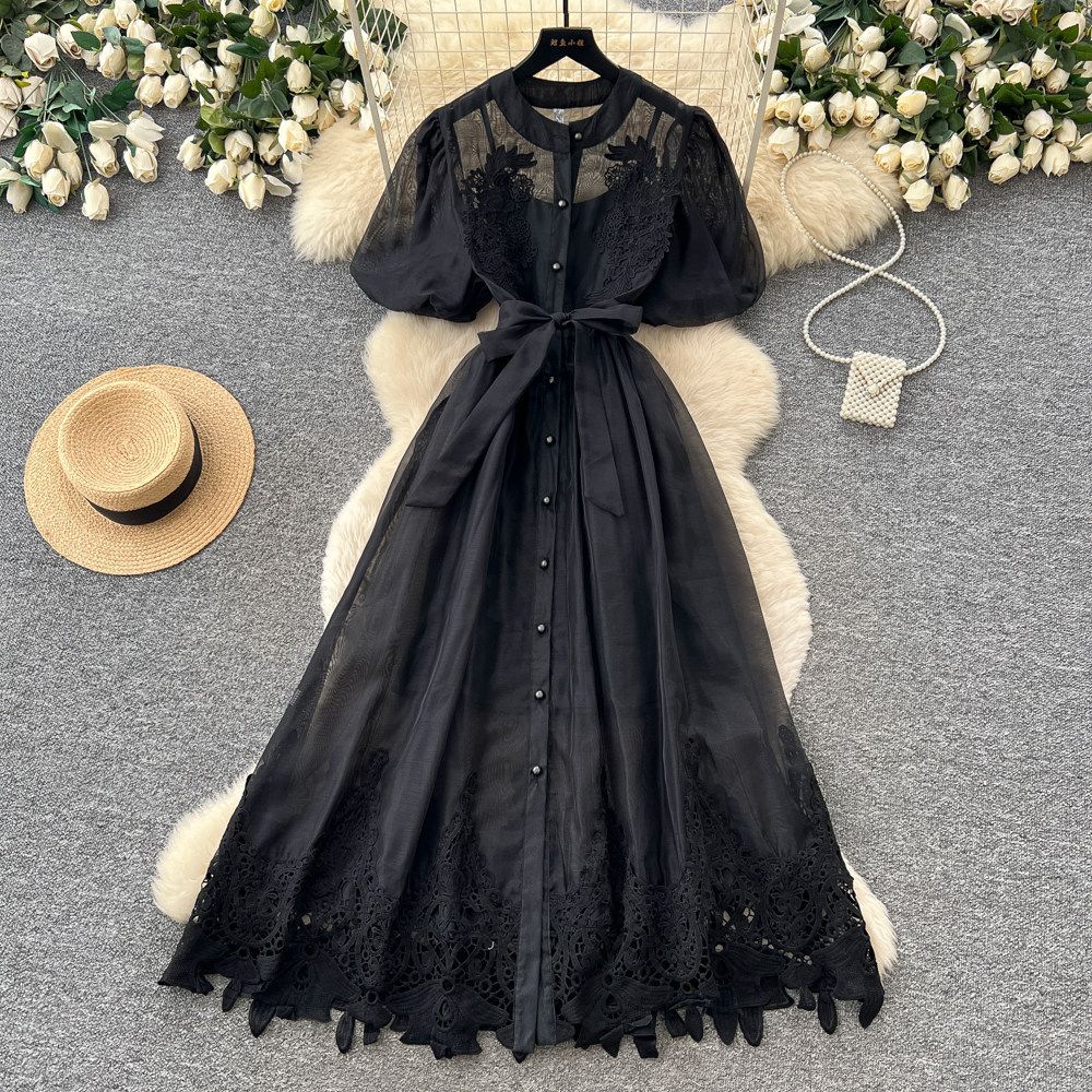 Women's French Romantic Style Puff Sleeve Lace Dress Belted A-Line Long Skirt Breathable Elegant Summer Dress Skin Friendly_ecoleips.com