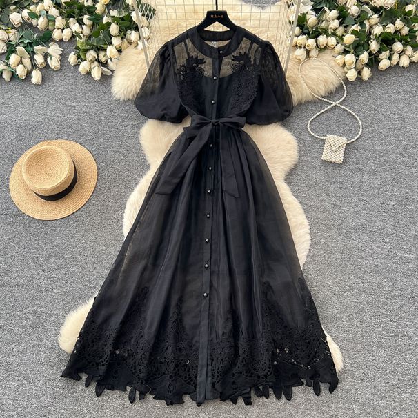 Women's French Romantic Style Puff Sleeve Lace Dress Belted A-Line Long Skirt Breathable Elegant Summer Dress Skin Friendly_ecoleips.com