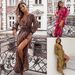 Women's V-Neck Long Sleeve Printed Dress – Sexy Slit Design, Elegant & Stylish Elevate Your Style With This Stunning V-Neck Dress_ecoleips.com