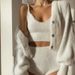 European And American New Plush Imitation Mohair Suit V Neck Sling + High Waist Shorts + Diamond Button Cardigan Jacket For Women_ecoleips.com