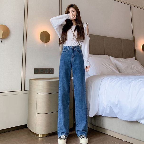 High Waisted Straight Leg Jeans White Women's Wide Leg Floor Length Pants Versatile Unique Style Spring Autumn Design_ecoleips.com