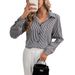 Women's Clothing New Elegant Ladies Striped Print Back Bow Front Button Long Sleeve Shirt_ecoleips.com