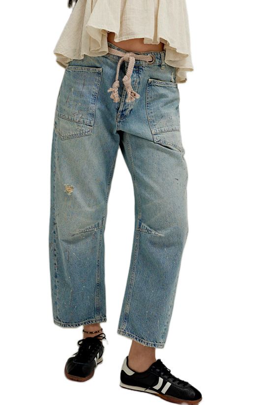 Women's Fashion High Waist Straight Leg Jeans Patchwork Appliqué Ink Splatter Washed American Retro Style Drawstring_ecoleips.com