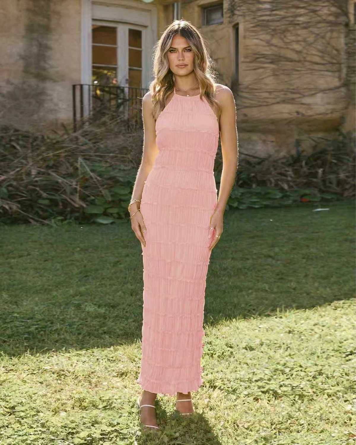 European American Style Women's Backless Pleated Dress Breathable Tie up Ruffled Long Skirt New Arrival_ecoleips.com