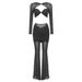Summer New Women's Black Long Sleeve Sheer Twist Mesh Two-Piece Slimming Set Top And Pants_ecoleips.com