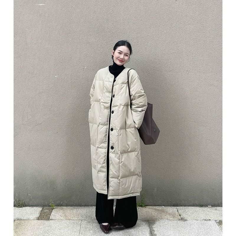 girl 2024 New Korean Style Round Neck Over-the-Knee Mid-Length Jacket For Women Winter Minimalist Loose Warm Coat Cotton_ecoleips.com