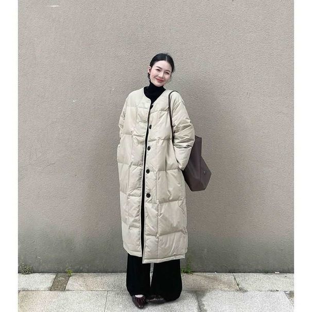 girl 2024 New Korean Style Round Neck Over-the-Knee Mid-Length Jacket For Women Winter Minimalist Loose Warm Coat Cotton_ecoleips.com