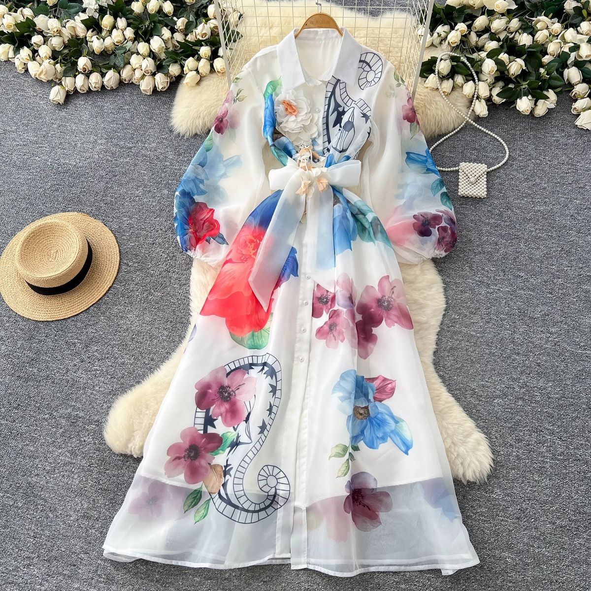 Women's Retro Court Style Long Dress Floral Print Puff Sleeve Tie Waist Beautiful And Ethereal Autumn Dress_ecoleips.com