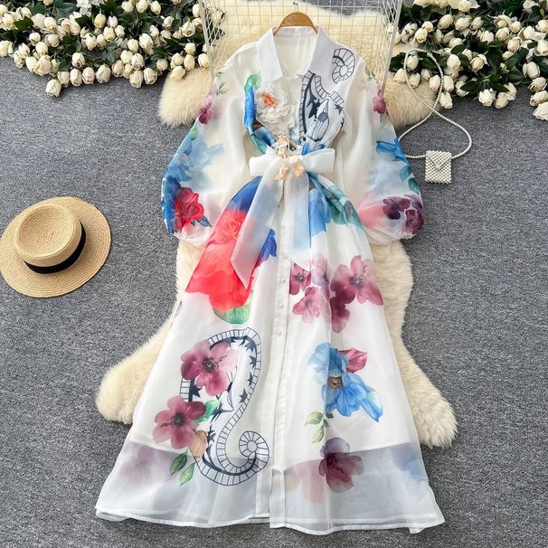 Women's Retro Court Style Long Dress Floral Print Puff Sleeve Tie Waist Beautiful And Ethereal Autumn Dress_ecoleips.com