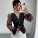 Elegant Rose Lace Sleeve Blazer For Women, V-Neck Long Sleeve Floral Print Mid-Length Office Blazer, Chic Trench Coat For Business Wear_ecoleips.com