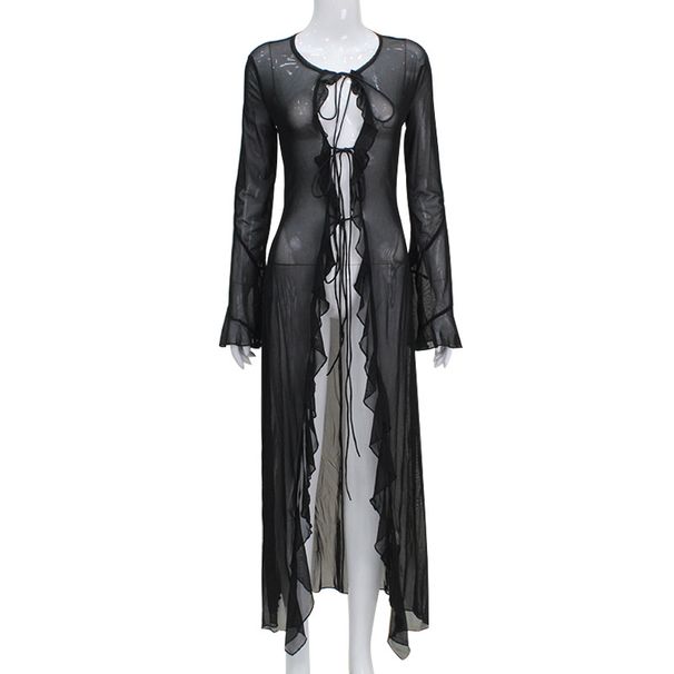 New Cross Border European And American Sexy Women's Clothing, Mesh See Through Cardigan With Ruffled Trim And Tie Up Style, Long Women's Dress._ecoleips.com