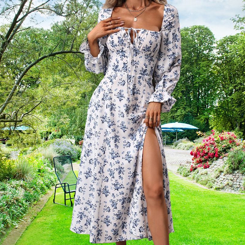 Women Stylish Casual Dress Long Sleeve Square Neck Design With Fashion Print & Chic Bottom Slit Detail_ecoleips.com