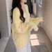girl Cream Yellow Mink Velvet V-Neck Sweater Women, Loose Gentle Lazy Style Pullover Knitwear For Autumn And Winter, Thick_ecoleips.com