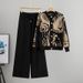 Effortless Elegance Women's Two-Piece Set – Knit Cardigan With Wide-Leg Pants & Metallic Buckle Detail (Brown/Bluish/Black, One Size Fits Most)_ecoleips.com