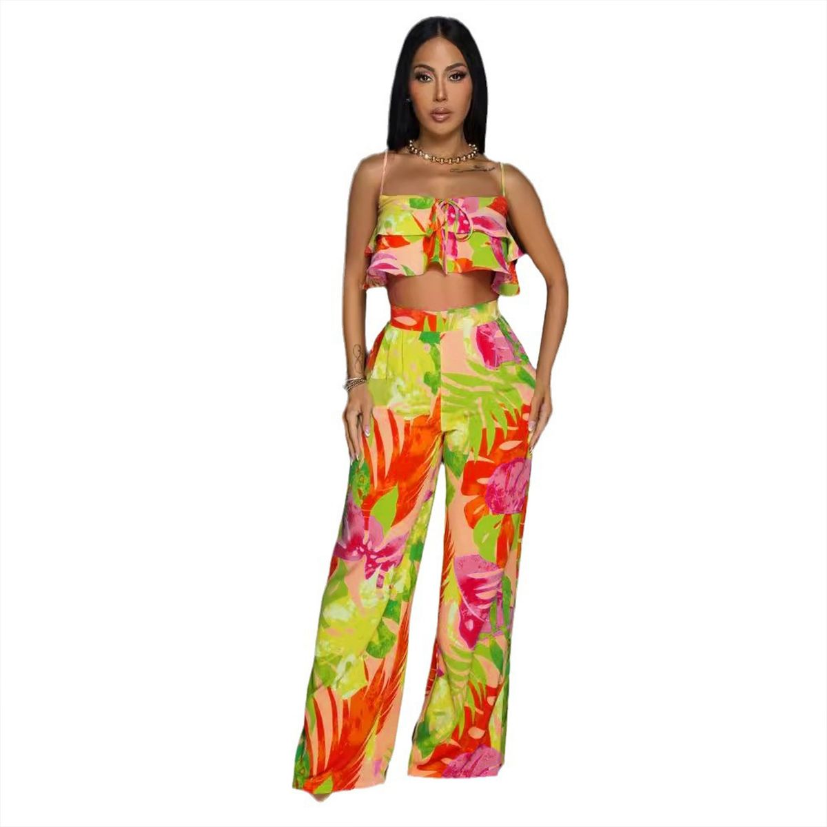 Women's Clothing Printed ruffled sling wide leg two piece suit_ecoleips.com