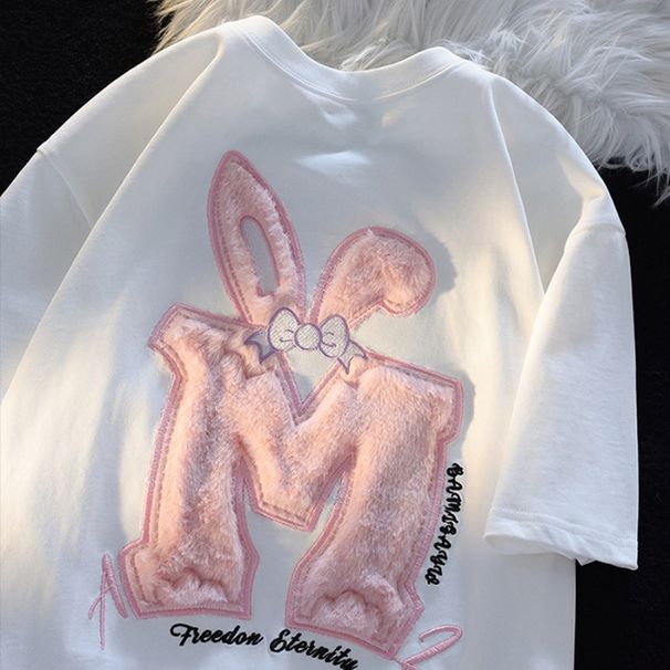 210g Cotton Combed Tightly Flocking Embroidery Shoulder Collar T Shirt Short Sleeved Top_ecoleips.com