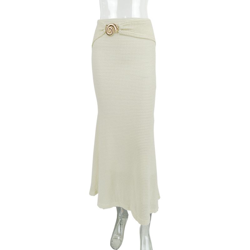 Women's High-Waisted Full Skirt Beachwear Summer Elegant Textured Skirt With Conch Shell Metallic Accessories_ecoleips.com