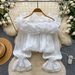 Sweet Off-Shoulder Chiffon Blouse Ruffled Trim Korean Style Long Sleeves Loose Fit Slimming Pink Elegant Top for Summer Women's Clothing_ecoleips.com