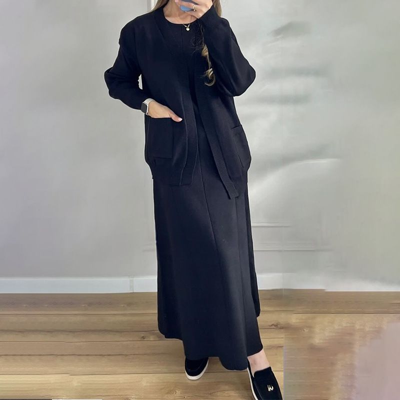 Effortless Knitwear Set – Chic Cardigan & Dress Combo For Spring (Black/Camel, XXS-XXXL)_ecoleips.com