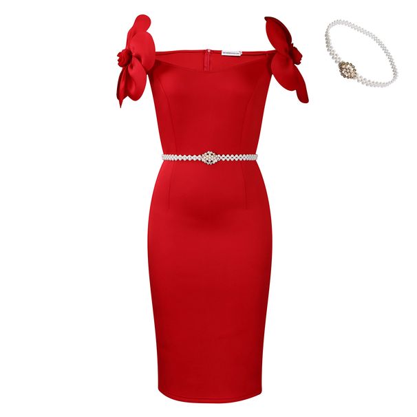 Elegant Floral Stretch Polyester Cocktail Dress Bodycon with 3D Flower Appliqués Waist Belt V-Neck High Waist S-XXXL_ecoleips.com