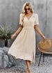 Women Elegant Solid Color V‑Neck Short Sleeve Dress, High Waist Slimming Split Hem Long Maxi Dress For Daily Party Occasions_ecoleips.com