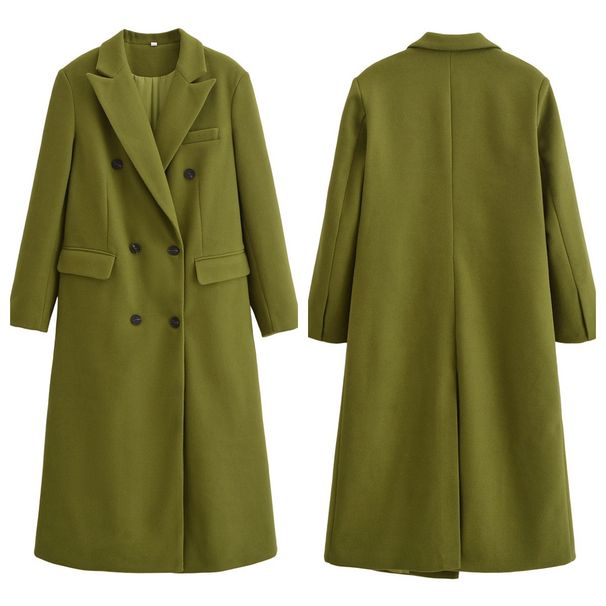 Double-breasted Army Green Long Coat Woolen Coat Women's Loose And Versatile Modern Fashionable Atmosphere Autumn And Winter New_ecoleips.com