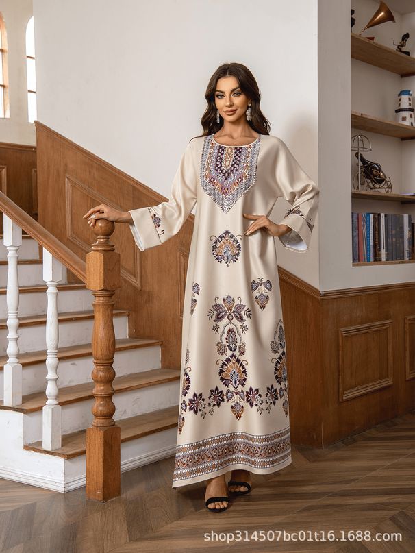 Muslim Dress Round Neck Printing Hot Diamond Beading Loose A Line Robe_ecoleips.com